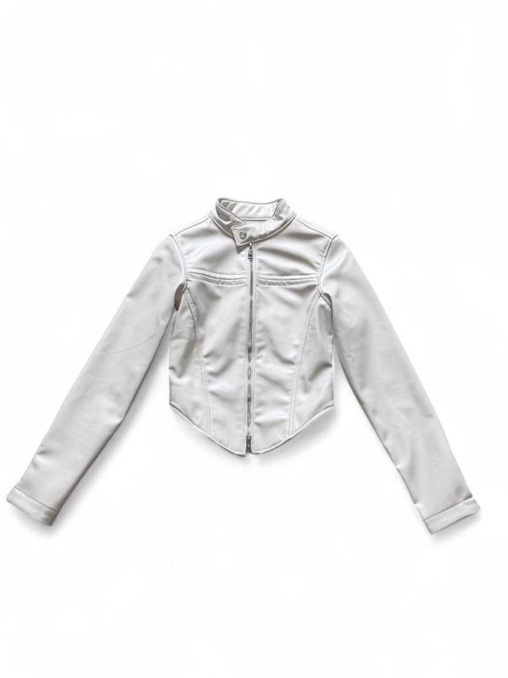 Revice Cropped Ivory Zip-Front Women's Faux Leather Moto Jacket - Picture 2 of 8